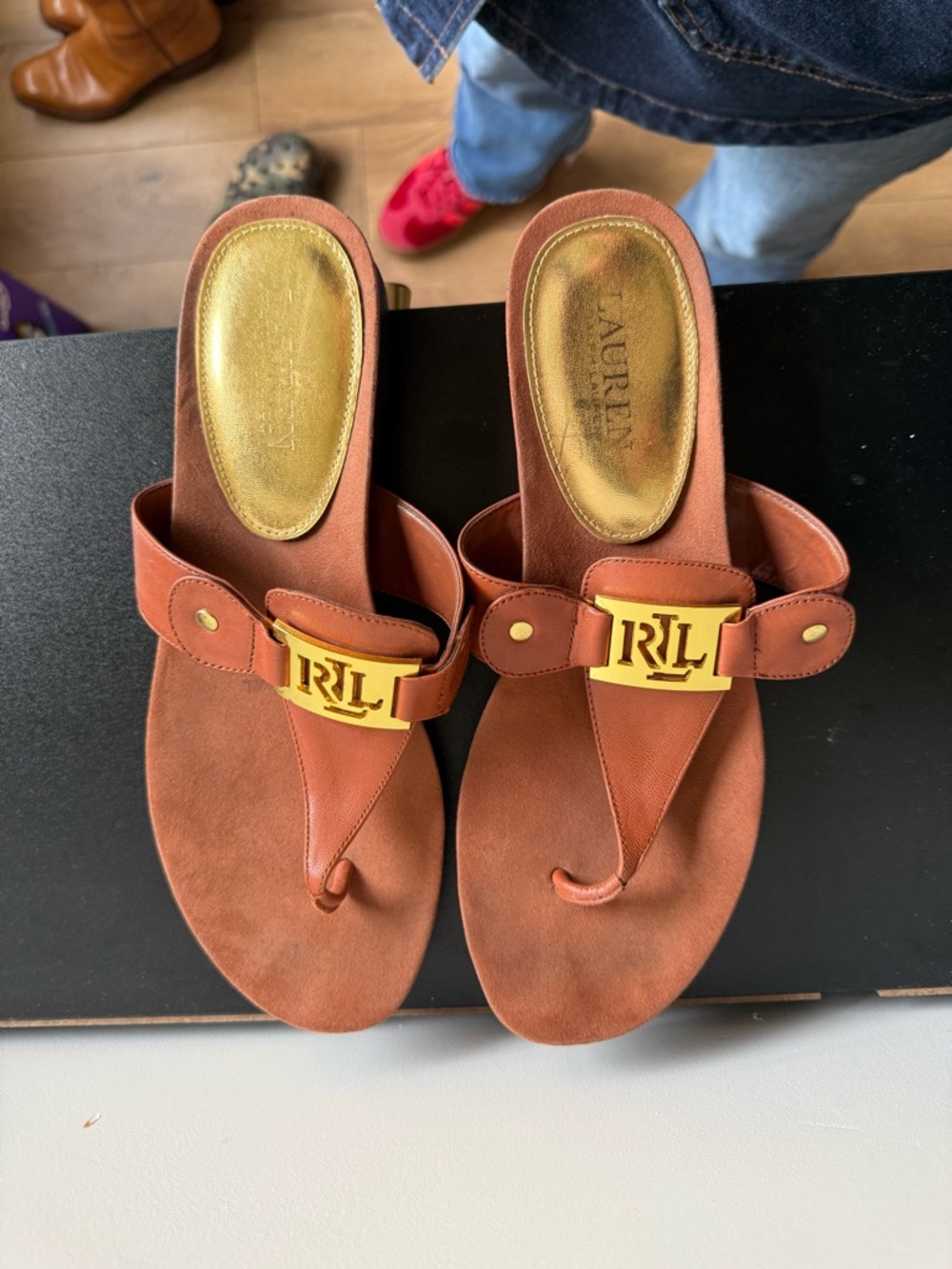 Ralph Lauren Tan Leather RLL Gold-Plate Thong Sandals